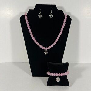 Jewelry Set (Necklace, Bracelet, and Earrings) Silver Heart Pink Glass Beads NWT
